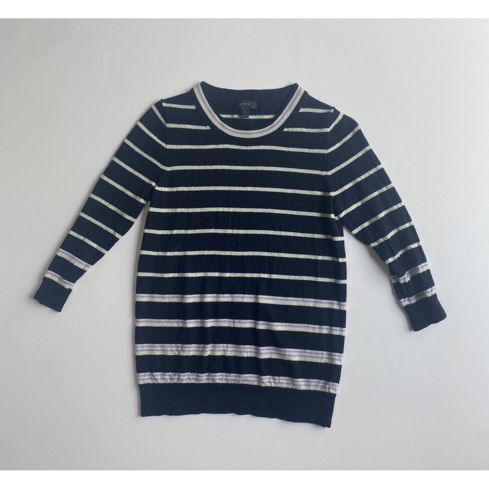 J.Crew 100% Merino Wool Striped Tunic Sweater Small Navy Blue Pullover 32914